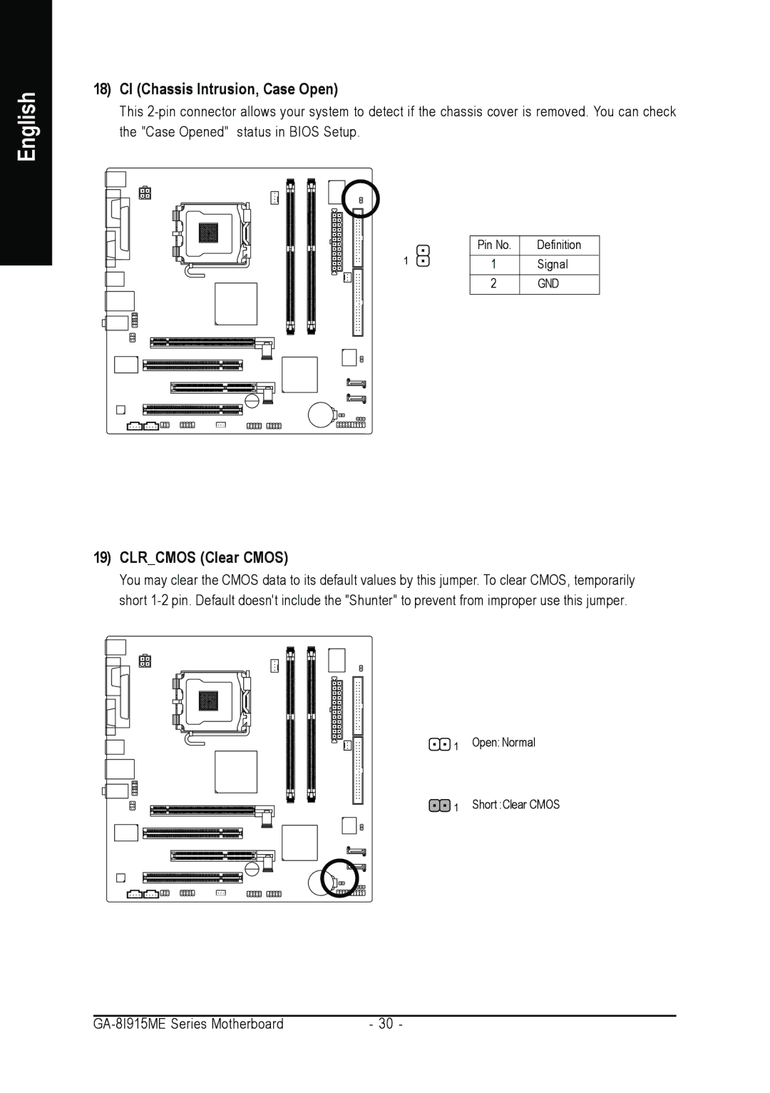 Gigabyte GA-8I915ME Series user manual CI Chassis Intrusion, Case Open, Clrcmos Clear Cmos 