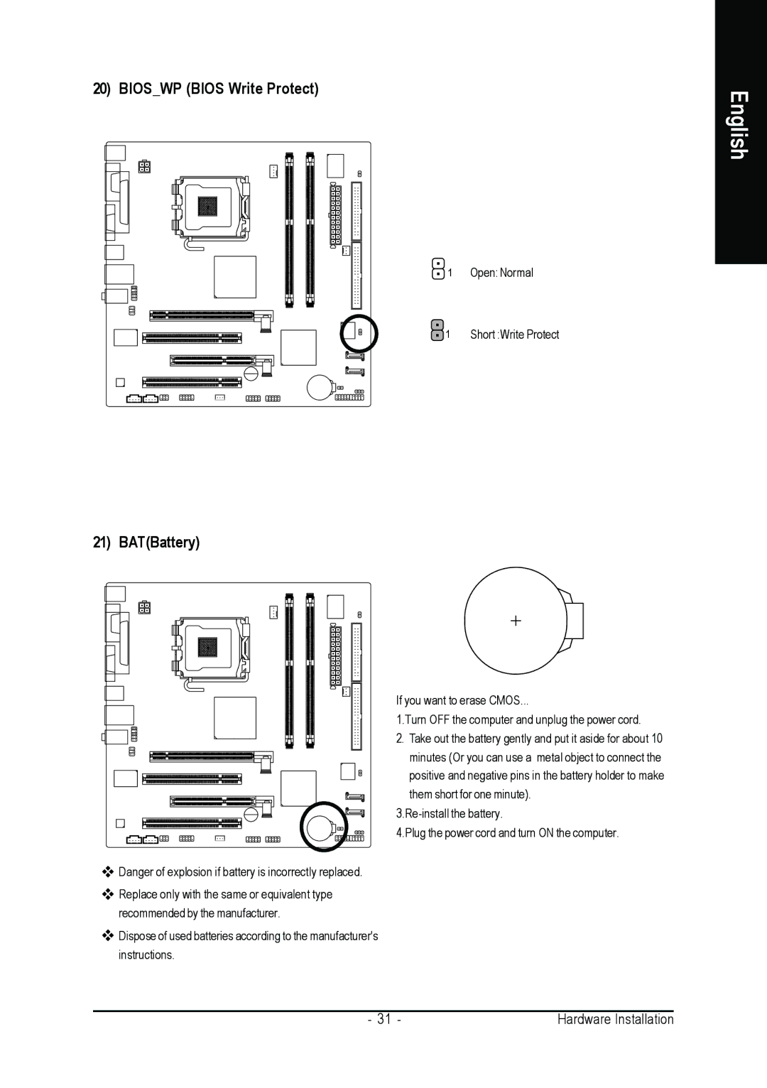 Gigabyte GA-8I915ME Series user manual Bioswp Bios Write Protect, BATBattery 