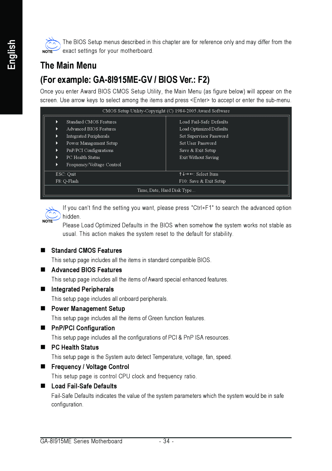 Gigabyte GA-8I915ME Series user manual Main Menu For example GA-8I915ME-GV / Bios Ver. F2 