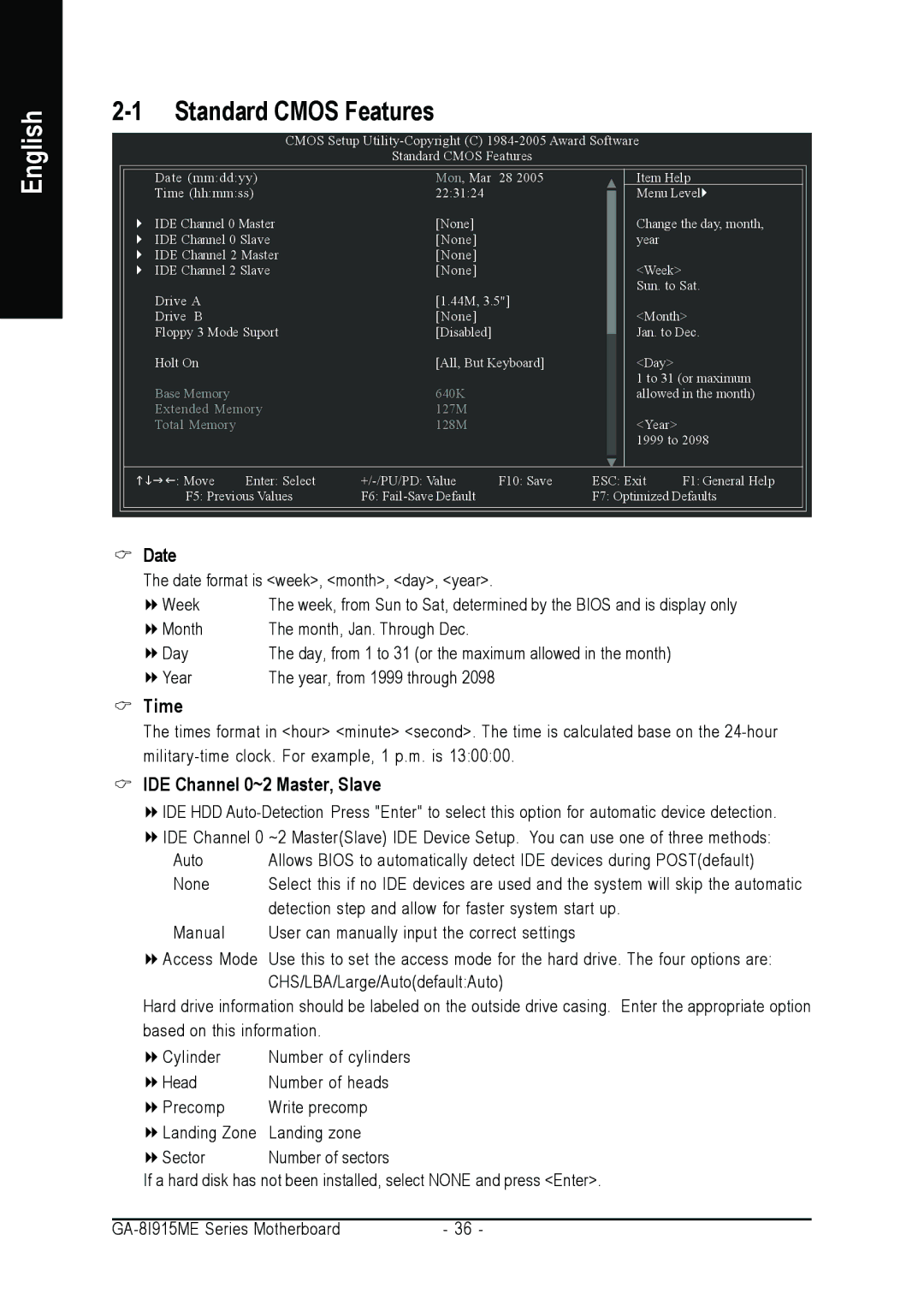 Gigabyte GA-8I915ME Series user manual Standard Cmos Features, Date, Time, IDE Channel 0~2 Master, Slave 