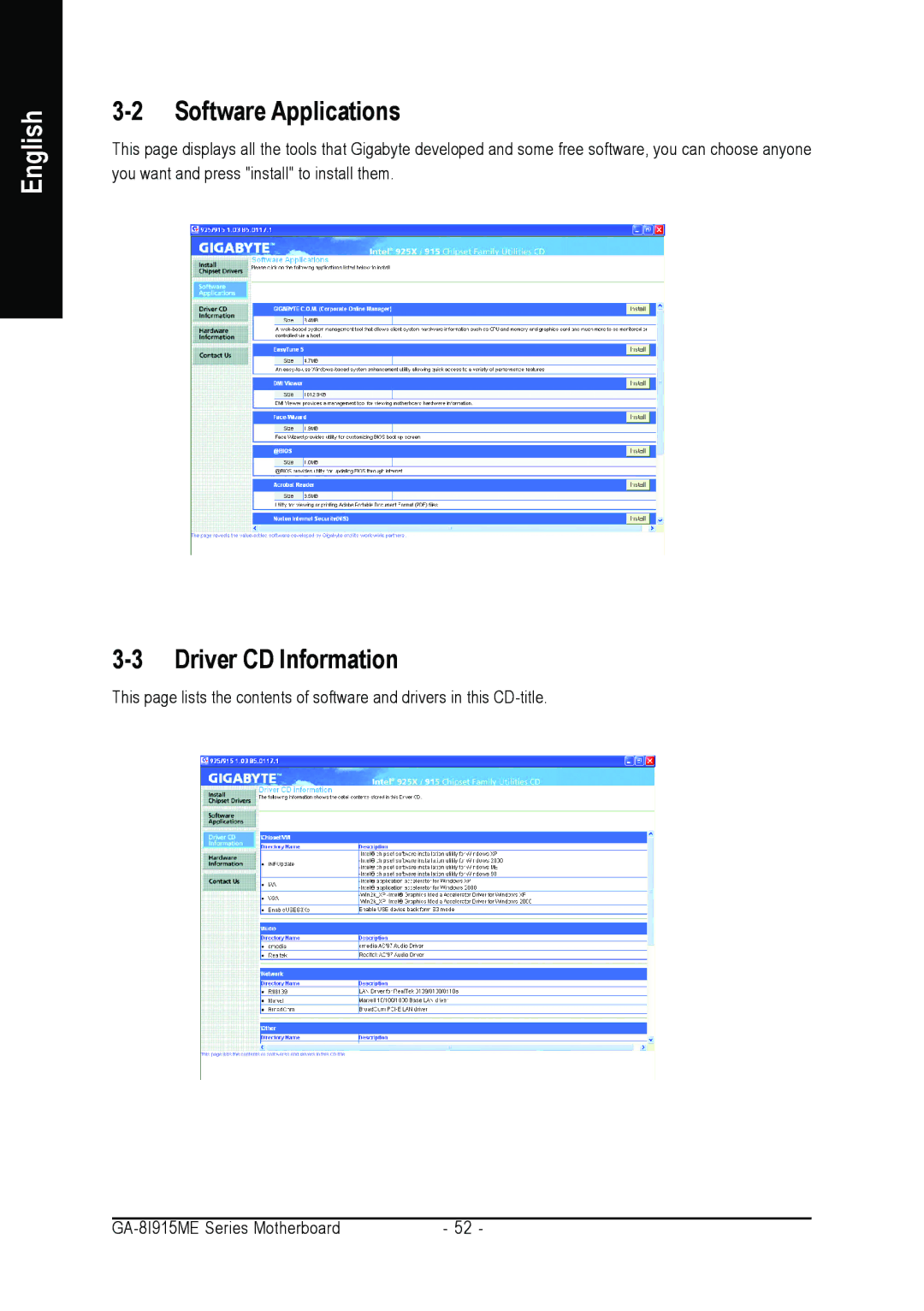 Gigabyte GA-8I915ME Series user manual Software Applications, Driver CD Information 