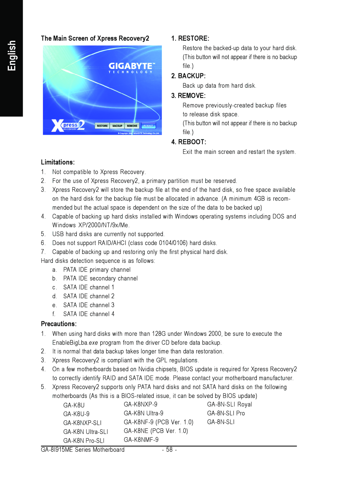 Gigabyte GA-8I915ME Series user manual Main Screen of Xpress Recovery2, Limitations, Precautions 