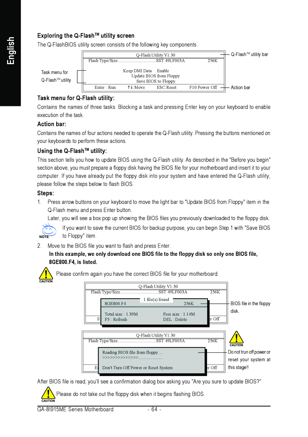 Gigabyte GA-8I915ME Series user manual Exploring the Q-FlashTMutility screen, English 