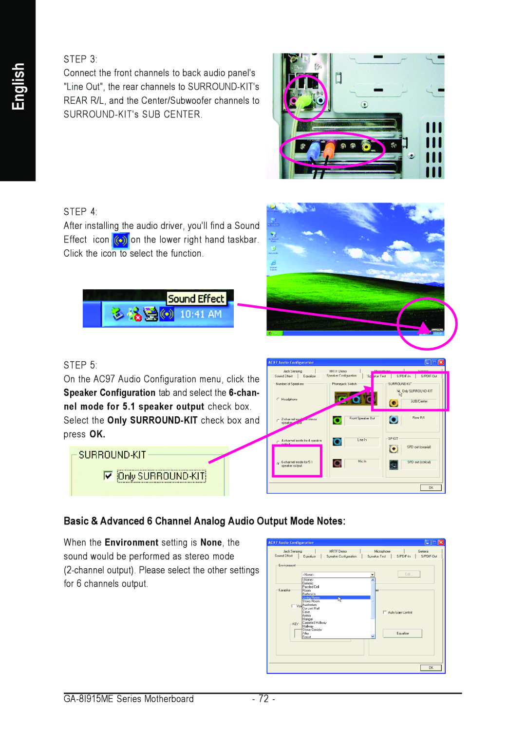 Gigabyte GA-8I915ME Series user manual Basic & Advanced 6 Channel Analog Audio Output Mode Notes 