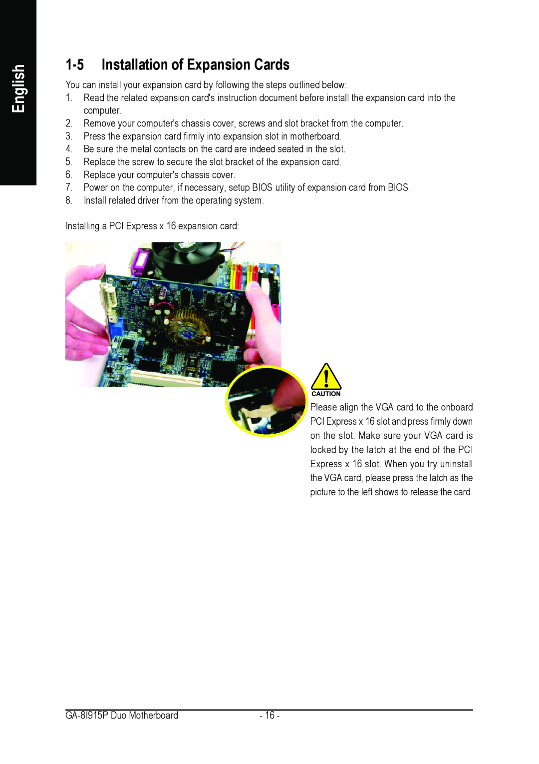 Gigabyte GA-8I915P DUO user manual Installation of Expansion Cards, English 
