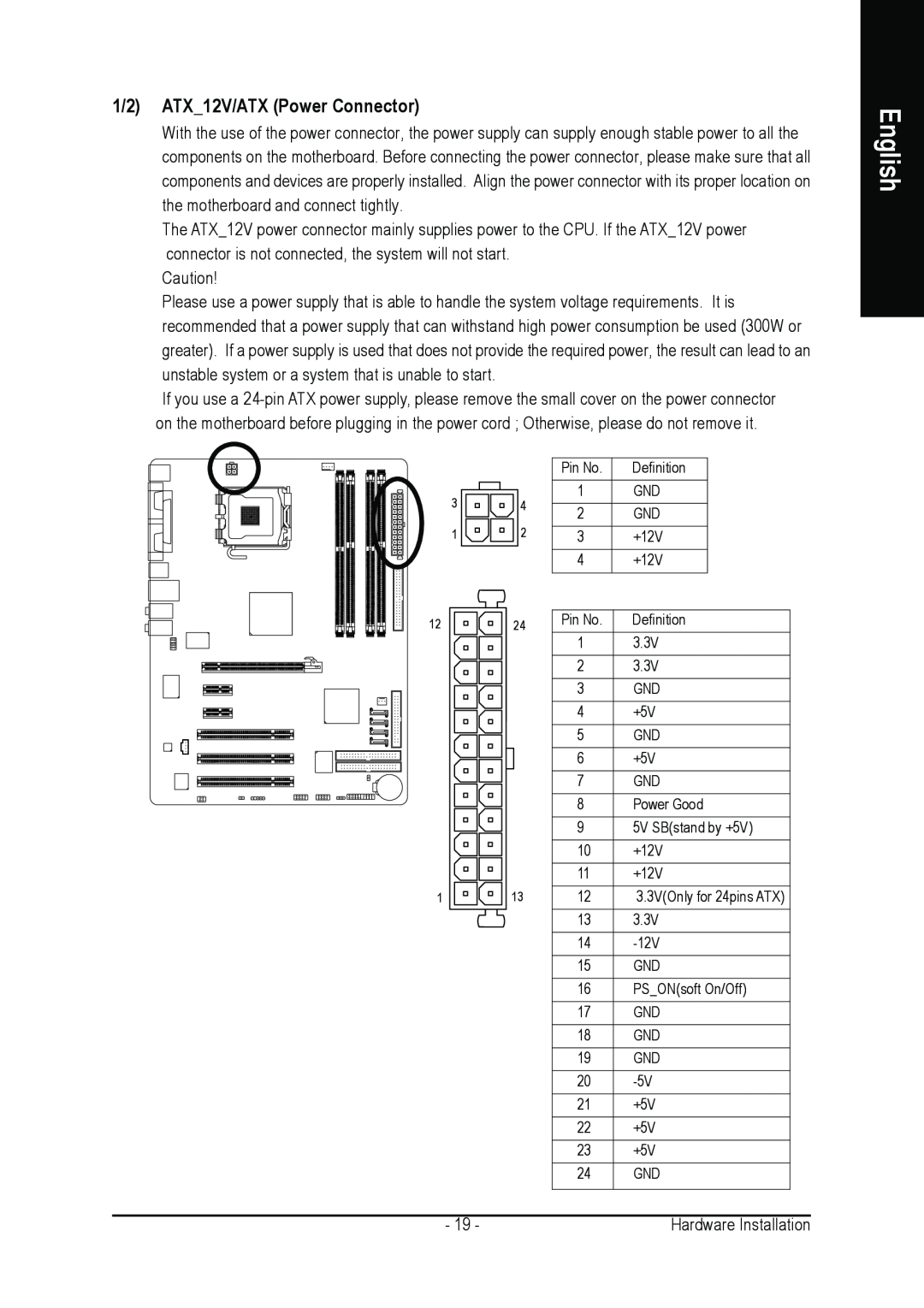 Gigabyte GA-8I915P DUO user manual 1/2 ATX12V/ATX Power Connector, English 