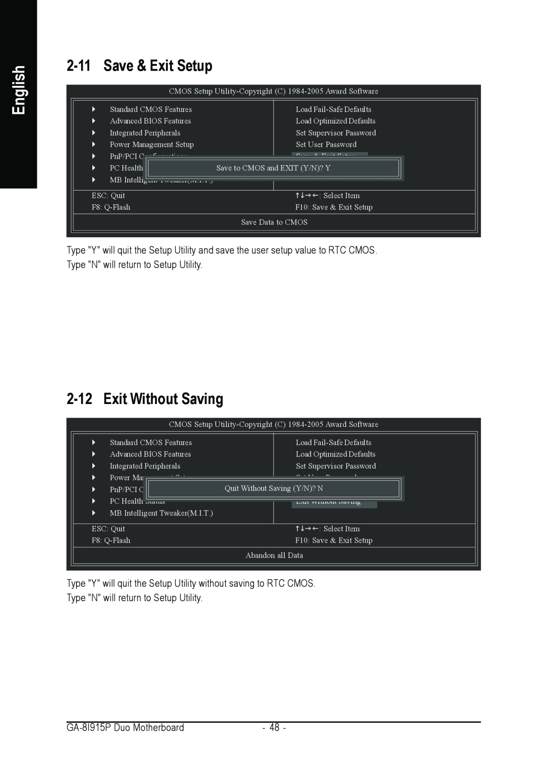 Gigabyte GA-8I915P DUO user manual Save & Exit Setup, Exit Without Saving, English 