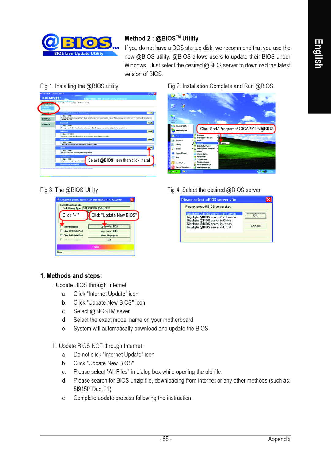 Gigabyte GA-8I915P DUO user manual Method 2 @BIOSTM Utility, Methods and steps, English 