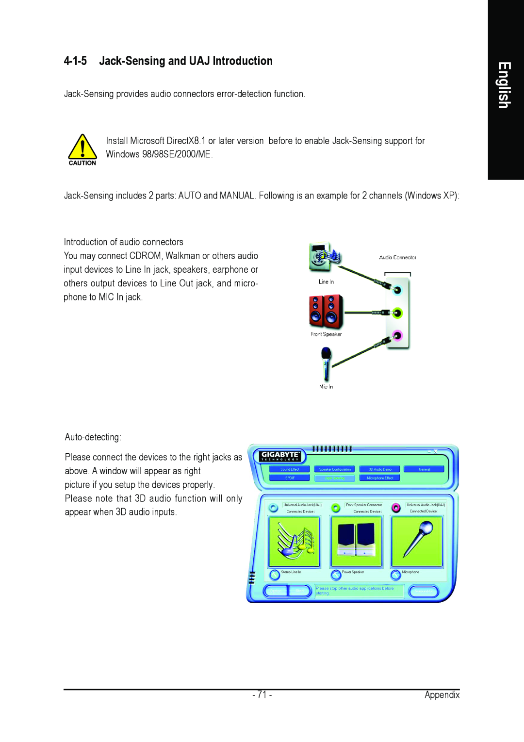 Gigabyte GA-8I915P DUO Jack-Sensing and UAJ Introduction, English, Introduction of audio connectors, Auto-detecting 