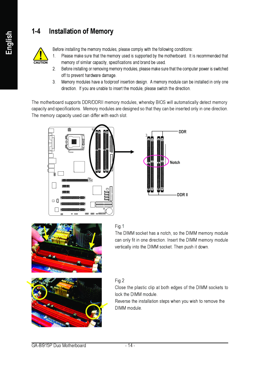 Gigabyte GA-8I915P DUO user manual Installation of Memory 