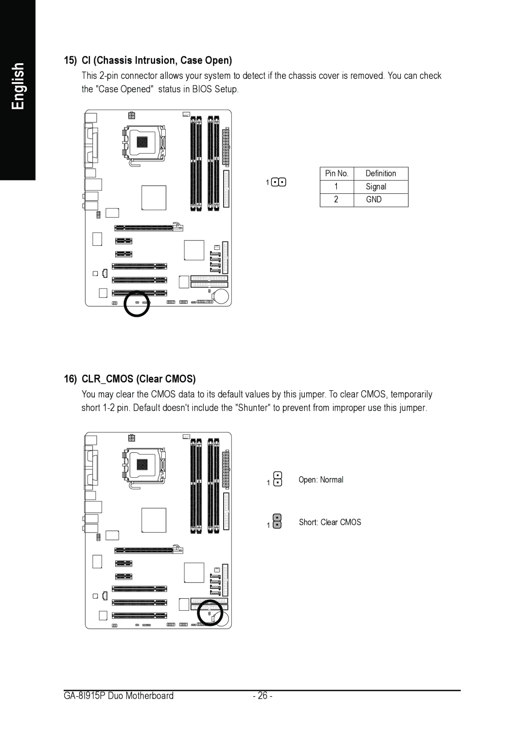 Gigabyte GA-8I915P DUO user manual CI Chassis Intrusion, Case Open, Clrcmos Clear Cmos 