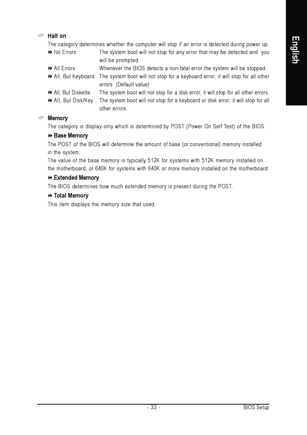 Gigabyte GA-8I915P DUO user manual Halt on, Base Memory, Extended Memory, Total Memory 