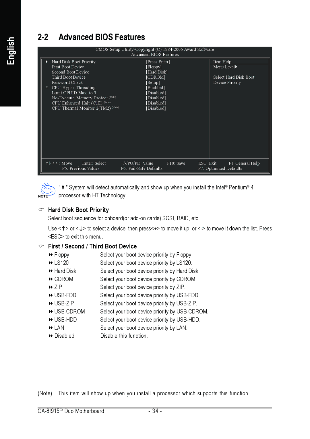 Gigabyte GA-8I915P DUO user manual Advanced Bios Features, Hard Disk Boot Priority, First / Second / Third Boot Device 