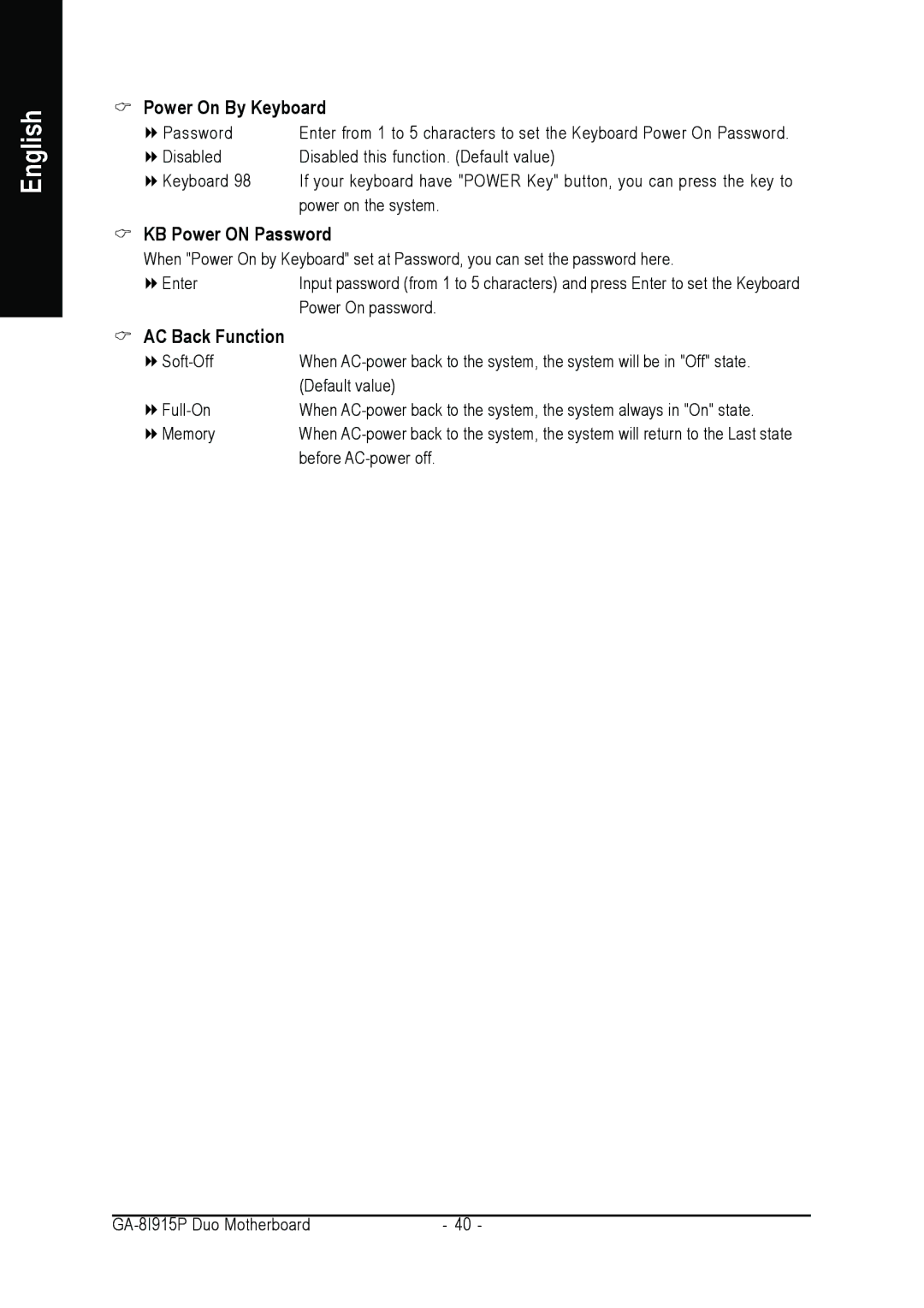 Gigabyte GA-8I915P DUO user manual Power On By Keyboard, KB Power on Password, AC Back Function 