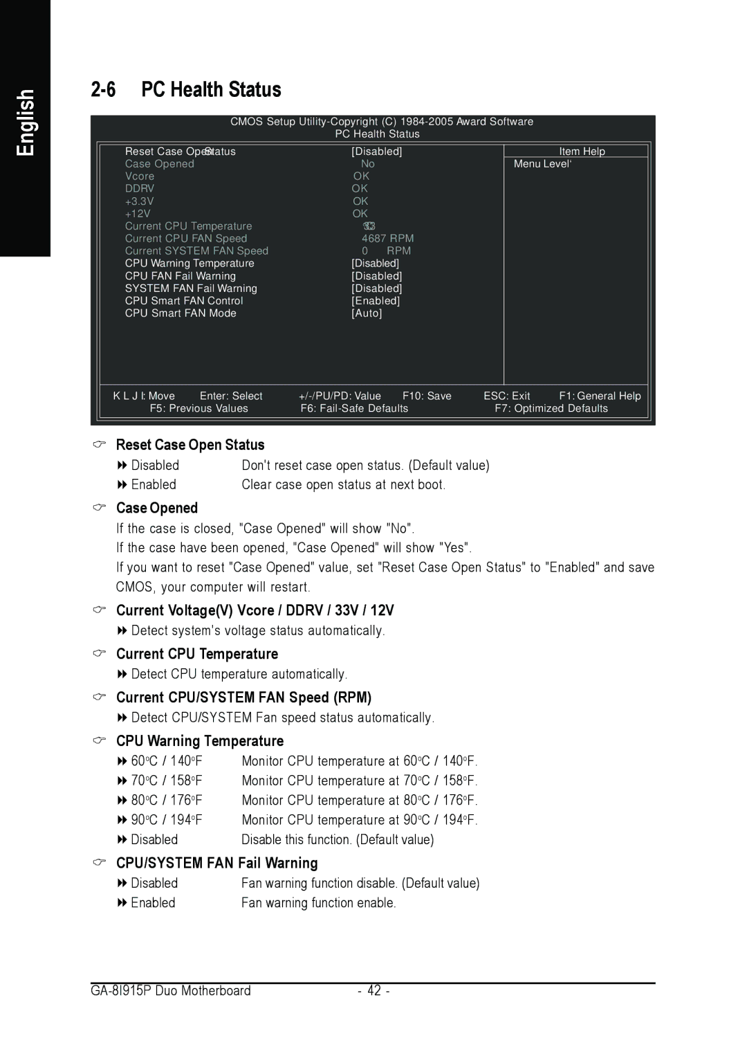 Gigabyte GA-8I915P DUO user manual PC Health Status 