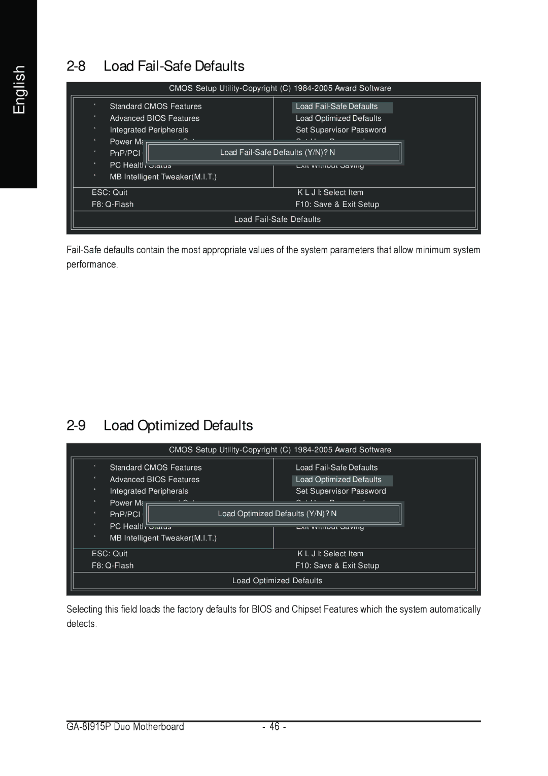 Gigabyte GA-8I915P DUO user manual Load Fail-Safe Defaults, Load Optimized Defaults 