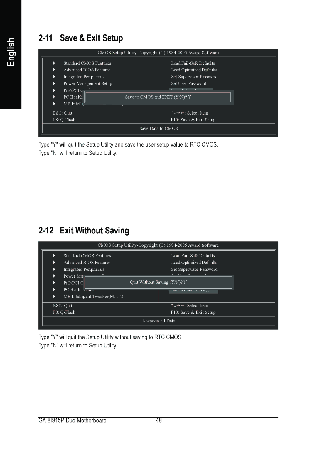 Gigabyte GA-8I915P DUO user manual Save & Exit Setup, Exit Without Saving 