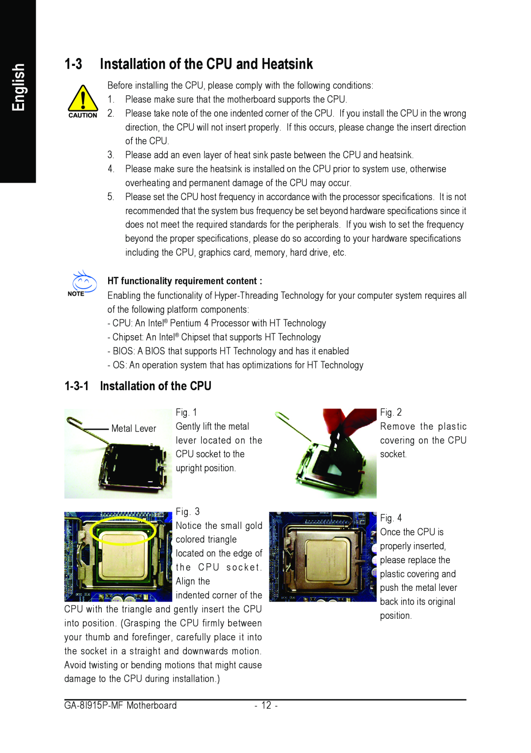 Gigabyte GA-8I915P-MF user manual Installation of the CPU and Heatsink, English, HT functionality requirement content 