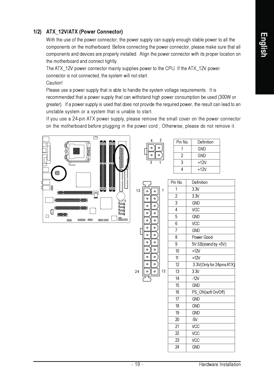 Gigabyte GA-8I915P-MF user manual 1/2 ATX12V/ATX Power Connector, English, 3.3VOnly for 24pins ATX 