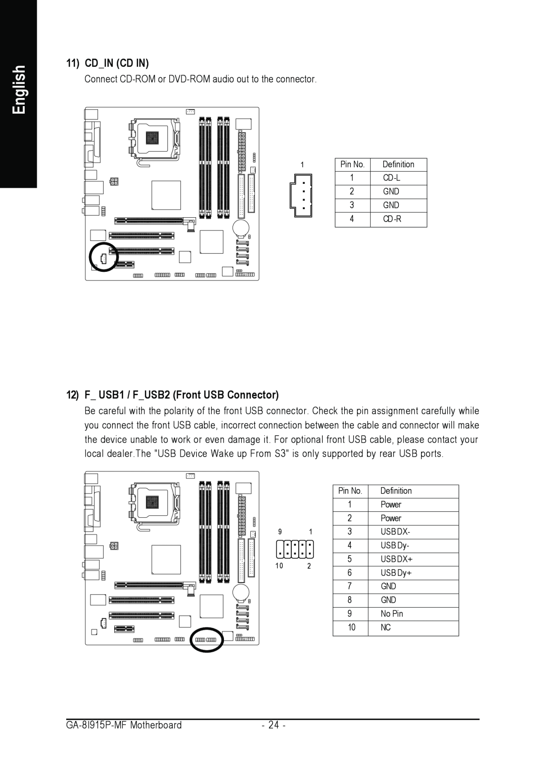 Gigabyte GA-8I915P-MF user manual Cdin Cd In, F USB1 / FUSB2 Front USB Connector, English 