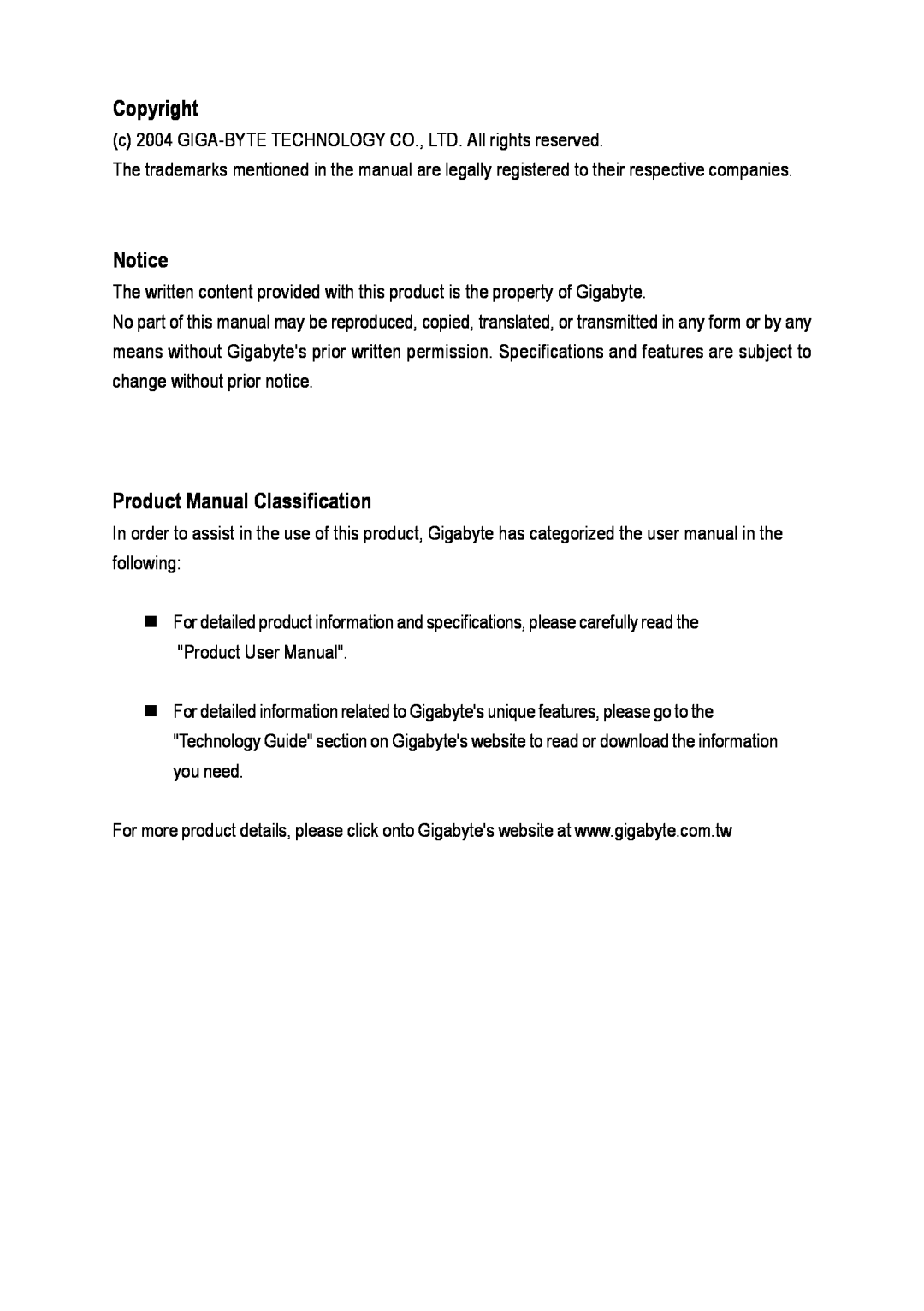 Gigabyte GA-8I915P-MF user manual Copyright, Product Manual Classification 