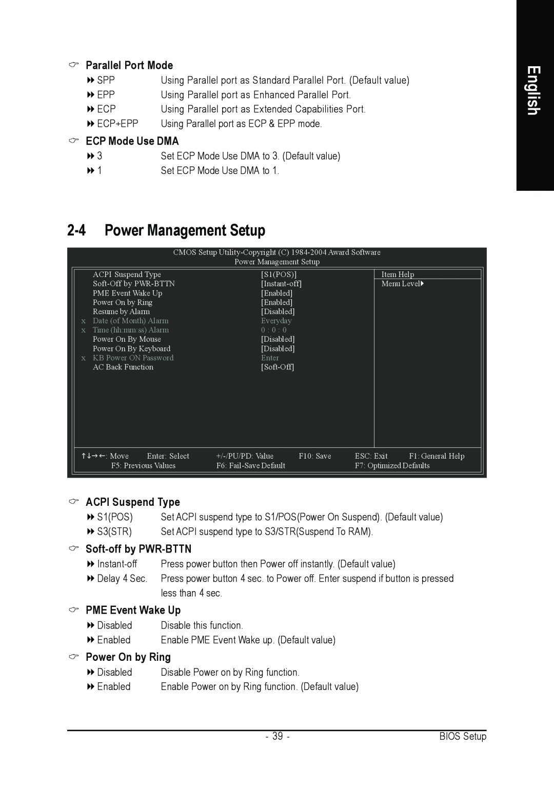 Gigabyte GA-8I915P-MF Power Management Setup, Parallel Port Mode, ECP Mode Use DMA, ACPI Suspend Type, PME Event Wake Up 