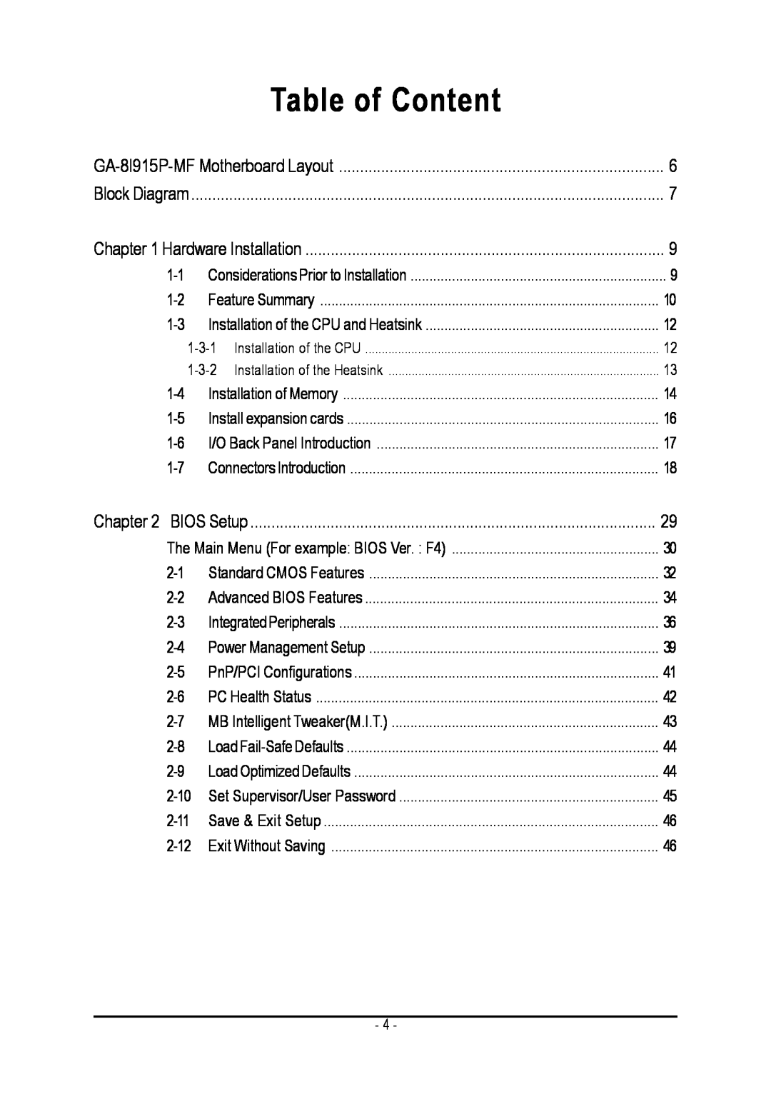 Gigabyte GA-8I915P-MF user manual Table of Content 