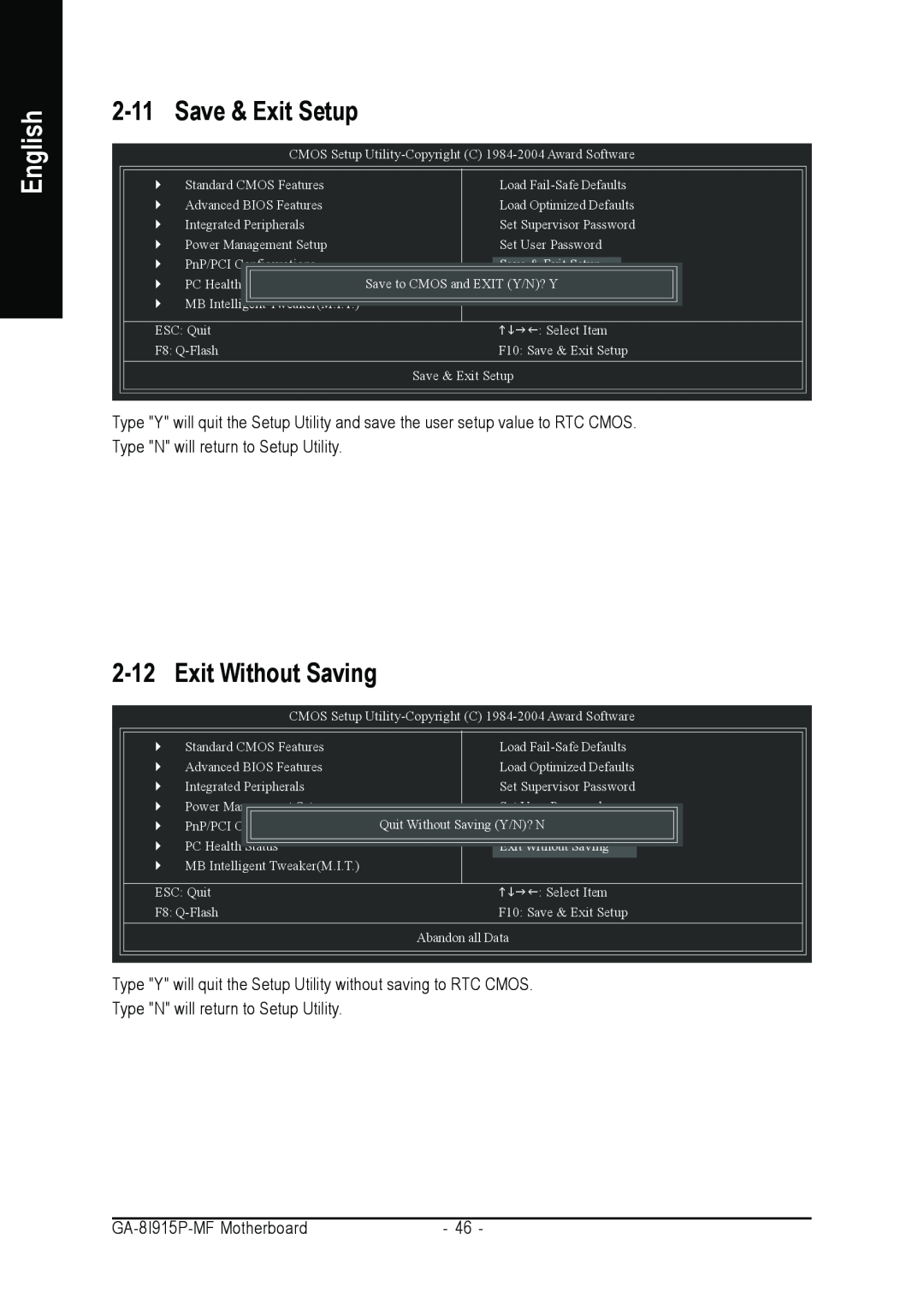 Gigabyte GA-8I915P-MF user manual Save & Exit Setup, Exit Without Saving, English 