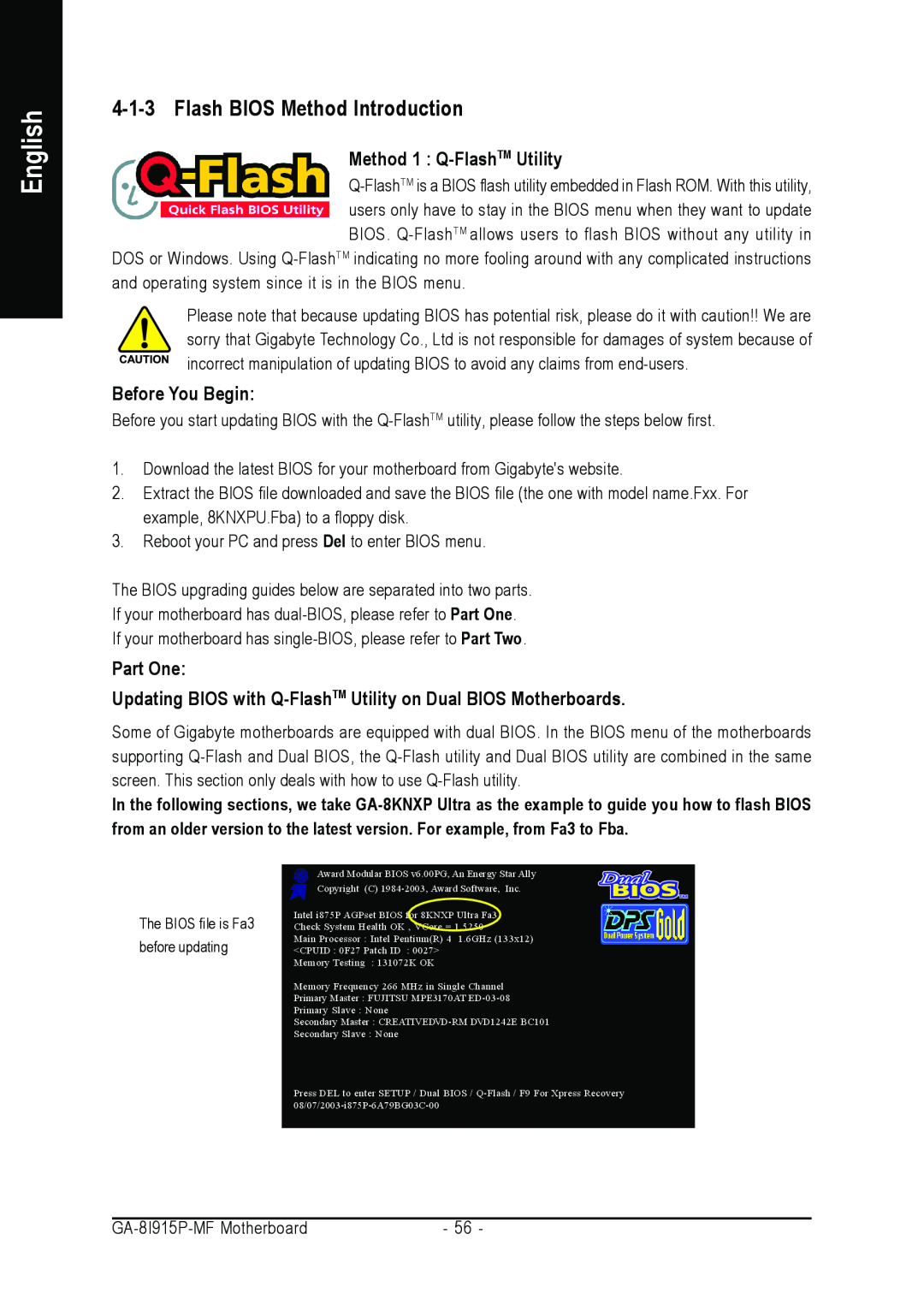 Gigabyte GA-8I915P-MF Flash BIOS Method Introduction, Method 1 Q-FlashTM Utility, Before You Begin, Part One, English 