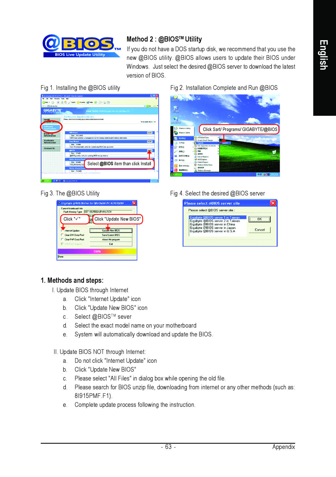 Gigabyte GA-8I915P-MF user manual Method 2 @BIOSTM Utility, Methods and steps, English 
