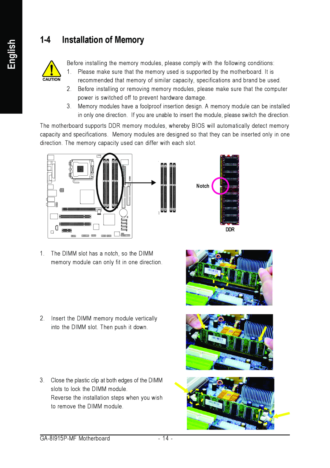 Gigabyte GA-8I915P-MF user manual Installation of Memory 