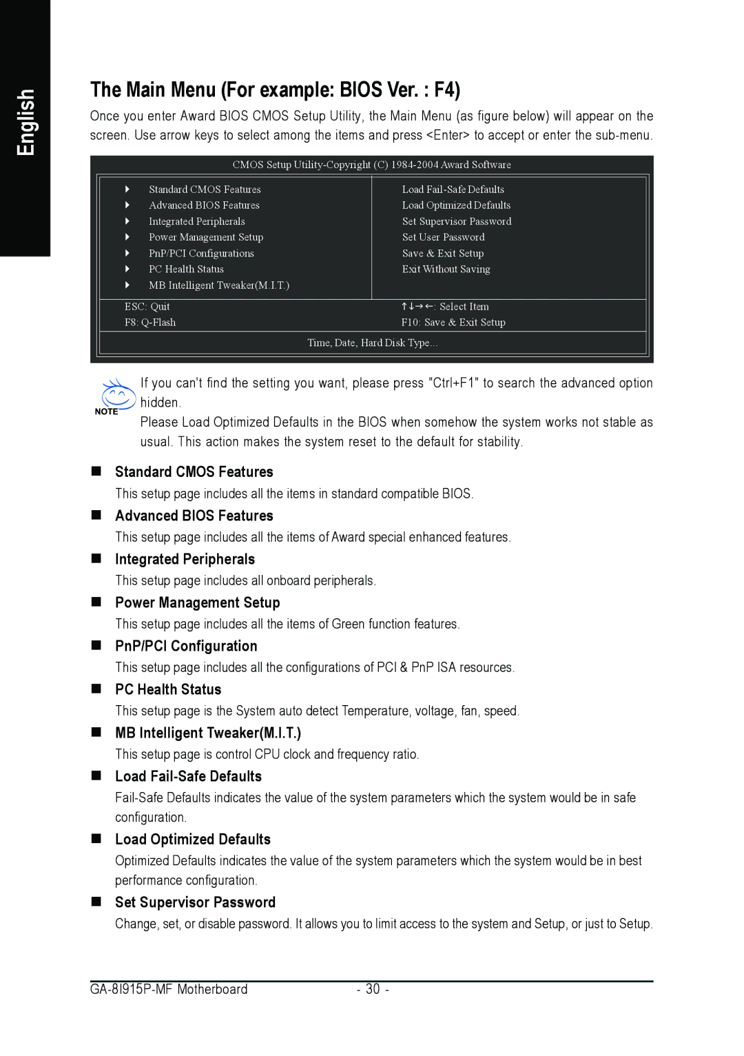 Gigabyte GA-8I915P-MF user manual Main Menu For example Bios Ver. F4 