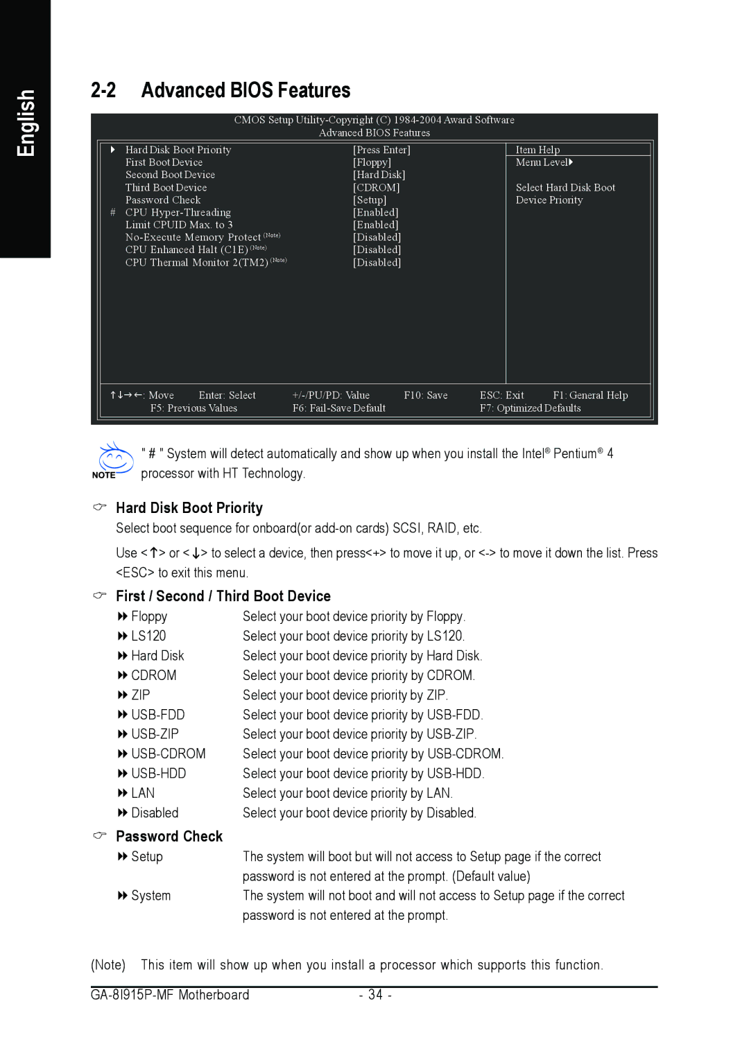 Gigabyte GA-8I915P-MF Advanced Bios Features, Hard Disk Boot Priority, First / Second / Third Boot Device, Password Check 