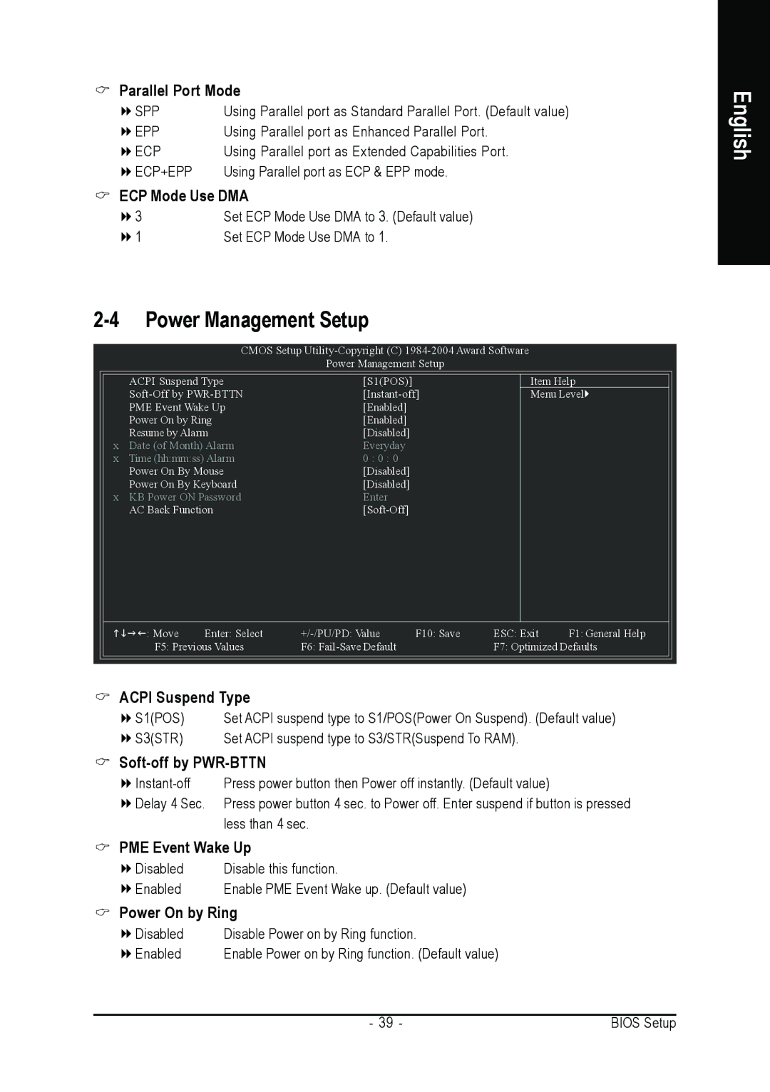 Gigabyte GA-8I915P-MF user manual Power Management Setup, Parallel Port Mode, ECP Mode Use DMA 