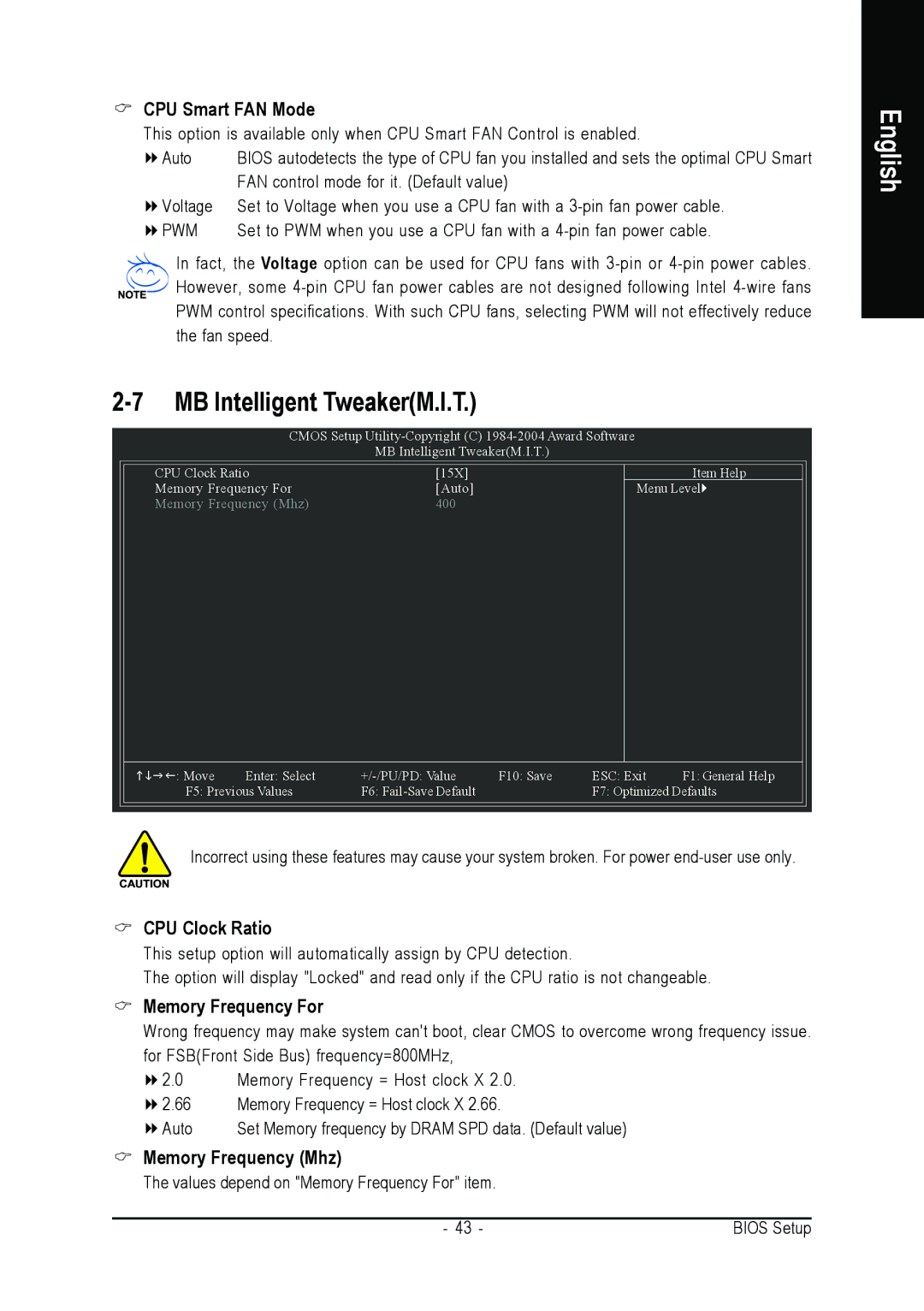 Gigabyte GA-8I915P-MF user manual MB Intelligent TweakerM.I.T, CPU Smart FAN Mode, CPU Clock Ratio, Memory Frequency For 