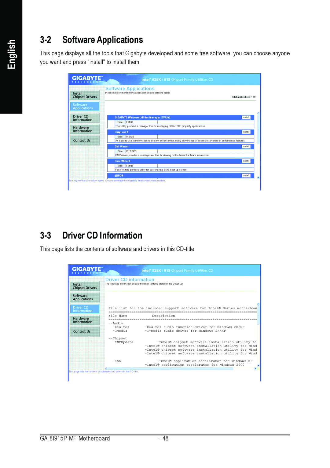 Gigabyte GA-8I915P-MF user manual Software Applications, Driver CD Information 