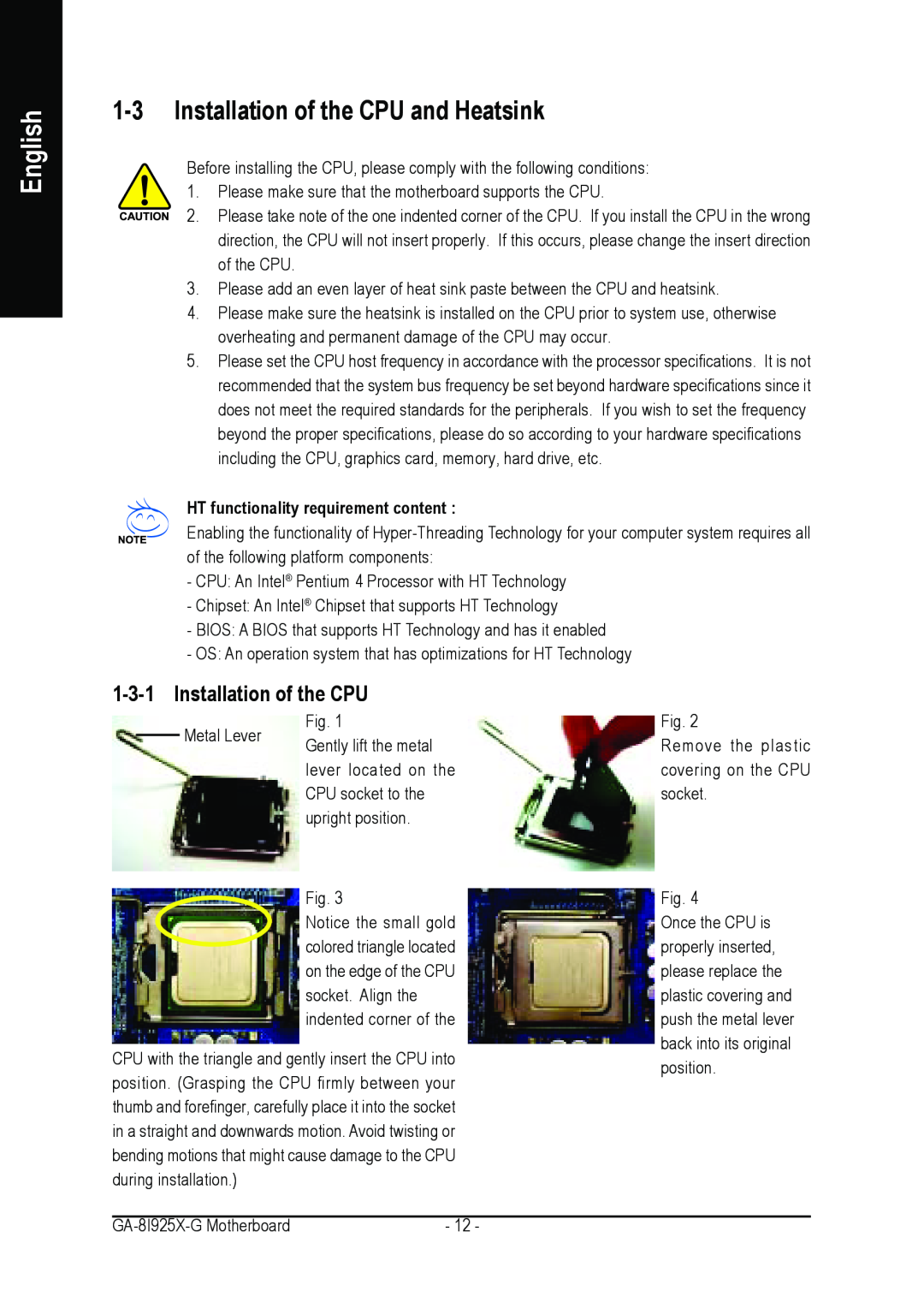 Gigabyte GA-8I925X-G user manual Installation of the CPU and Heatsink, English, HT functionality requirement content 