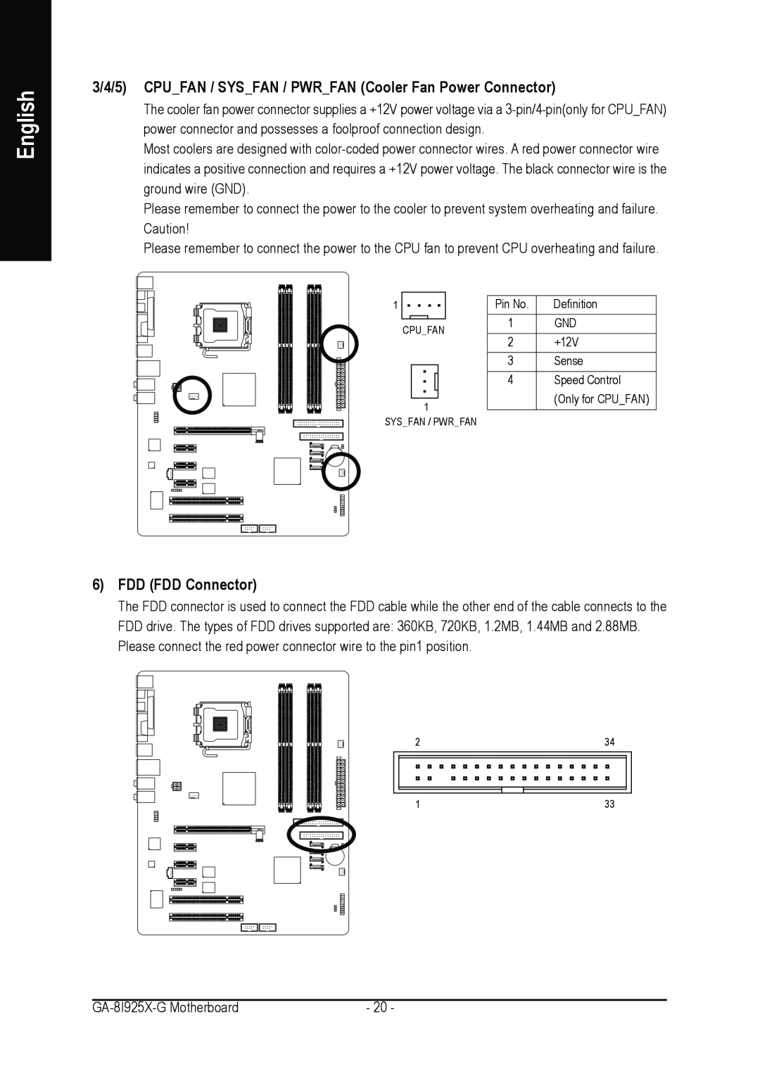 Gigabyte GA-8I925X-G user manual 3/4/5 CPUFAN / SYSFAN / PWRFAN Cooler Fan Power Connector, FDD FDD Connector, English 
