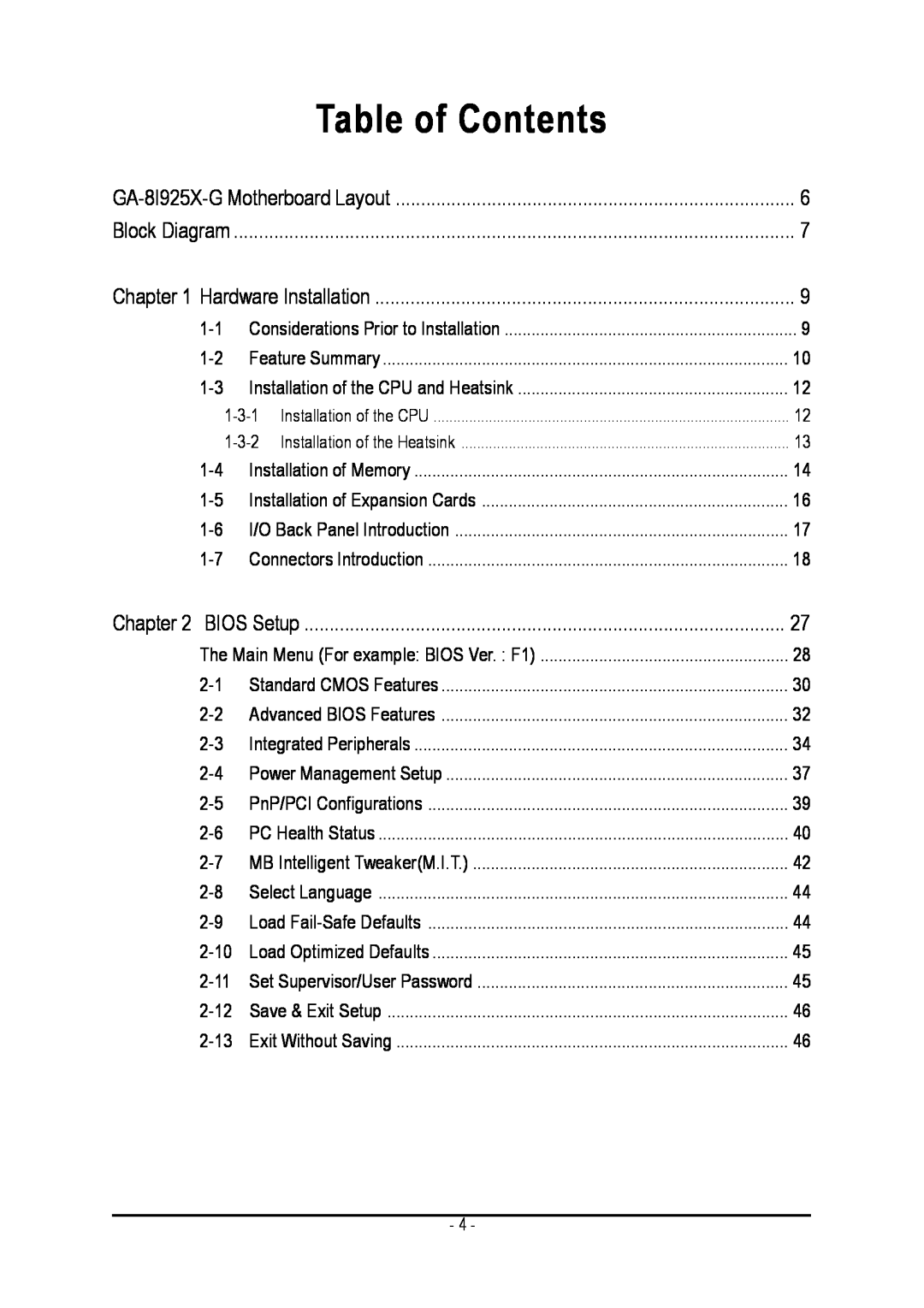 Gigabyte GA-8I925X-G user manual Table of Contents 