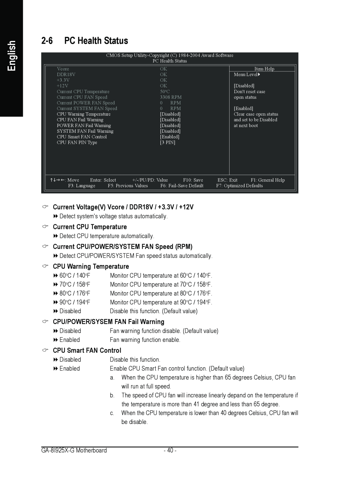 Gigabyte GA-8I925X-G PC Health Status, Current VoltageV Vcore / DDR18V / +3.3V / +12V, Current CPU Temperature, English 