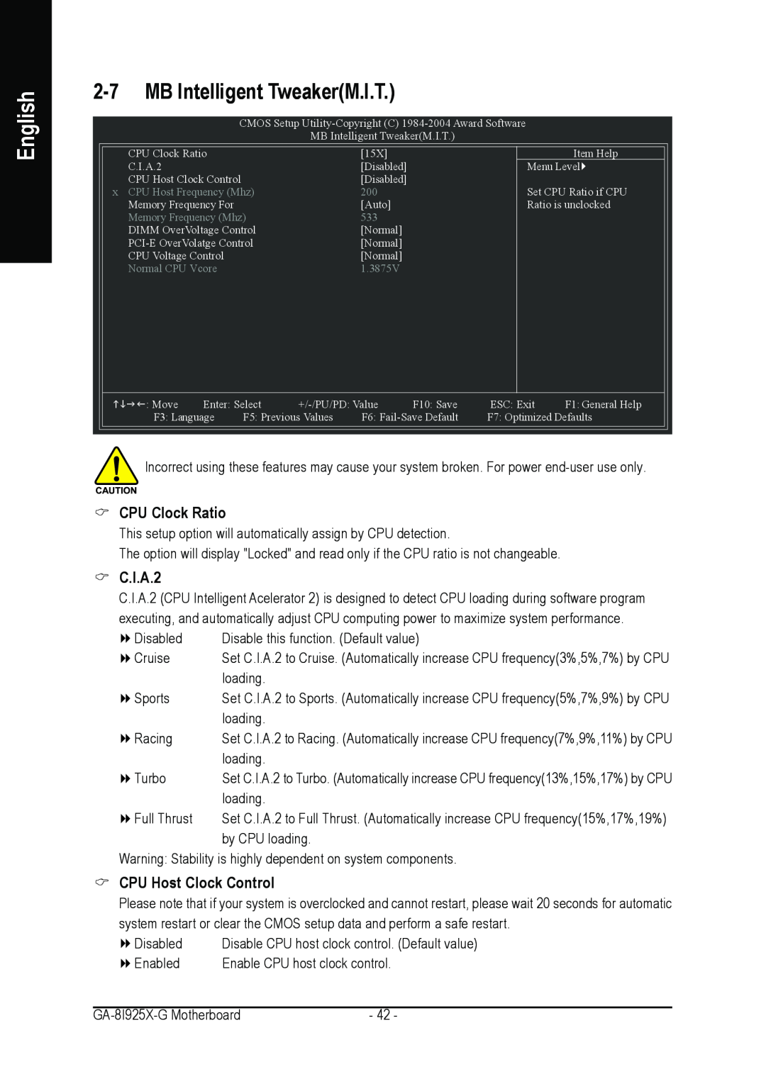 Gigabyte GA-8I925X-G user manual MB Intelligent TweakerM.I.T, CPU Clock Ratio, C.I.A.2, CPU Host Clock Control, English 
