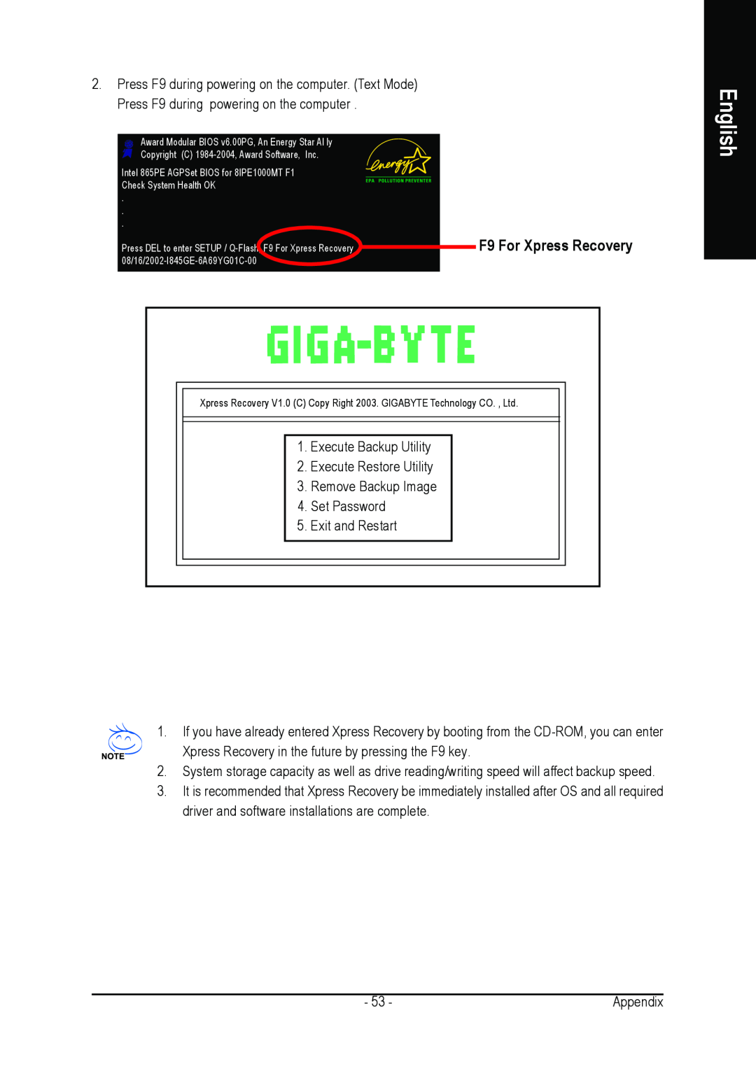 Gigabyte GA-8I925X-G F9 For Xpress Recovery, English, Execute Backup Utility, Execute Restore Utility, Remove Backup Image 