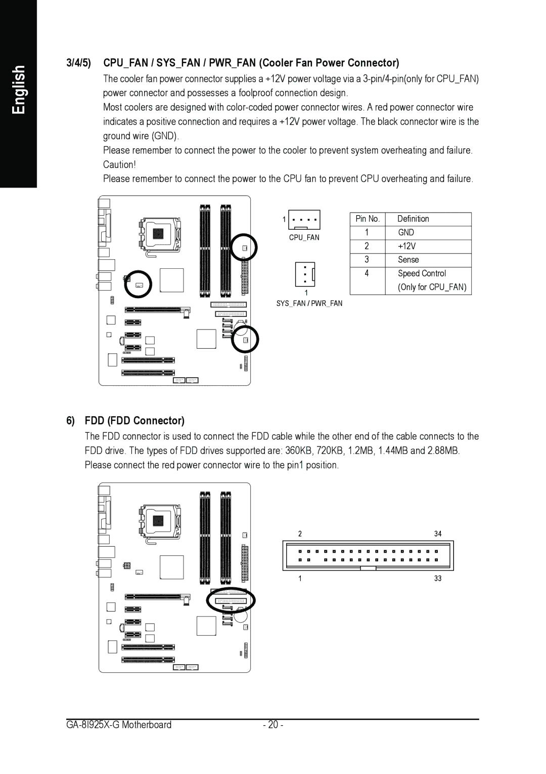 Gigabyte GA-8I925X-G user manual Cpufan / Sysfan / Pwrfan Cooler Fan Power Connector, FDD FDD Connector 