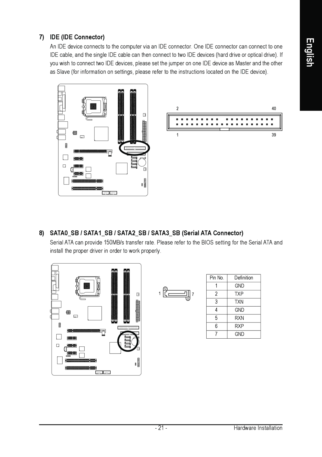 Gigabyte GA-8I925X-G user manual IDE IDE Connector, SATA0SB / SATA1SB / SATA2SB / SATA3SB Serial ATA Connector 