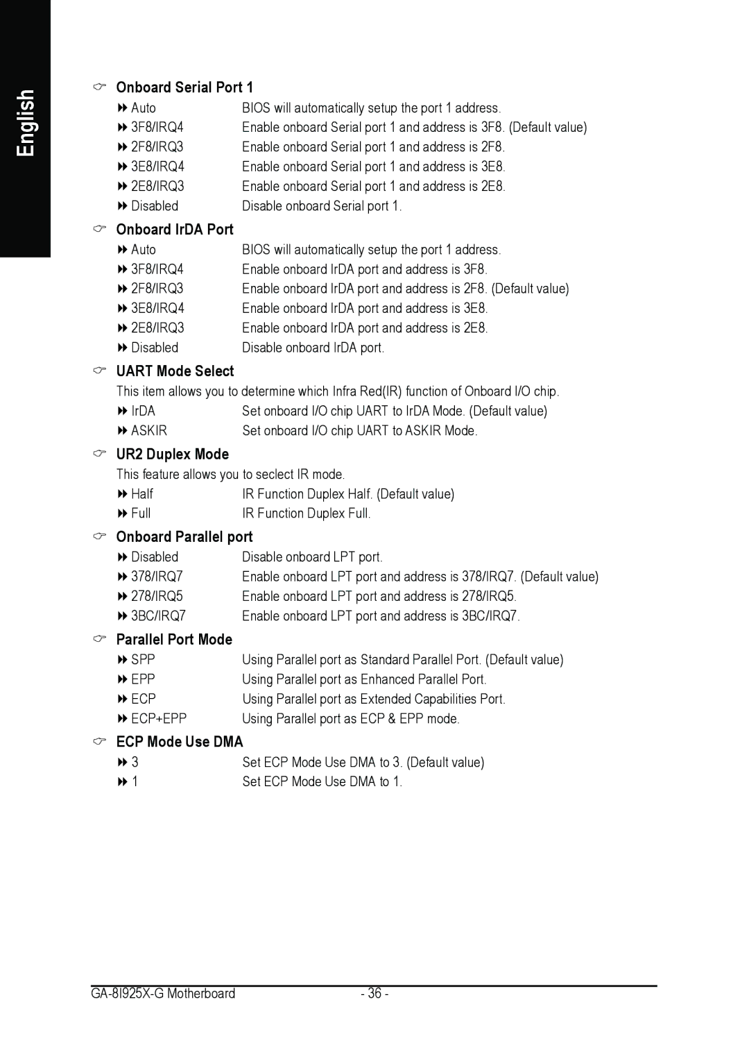 Gigabyte GA-8I925X-G Onboard Serial Port, Onboard IrDA Port, Uart Mode Select, UR2 Duplex Mode, Onboard Parallel port 