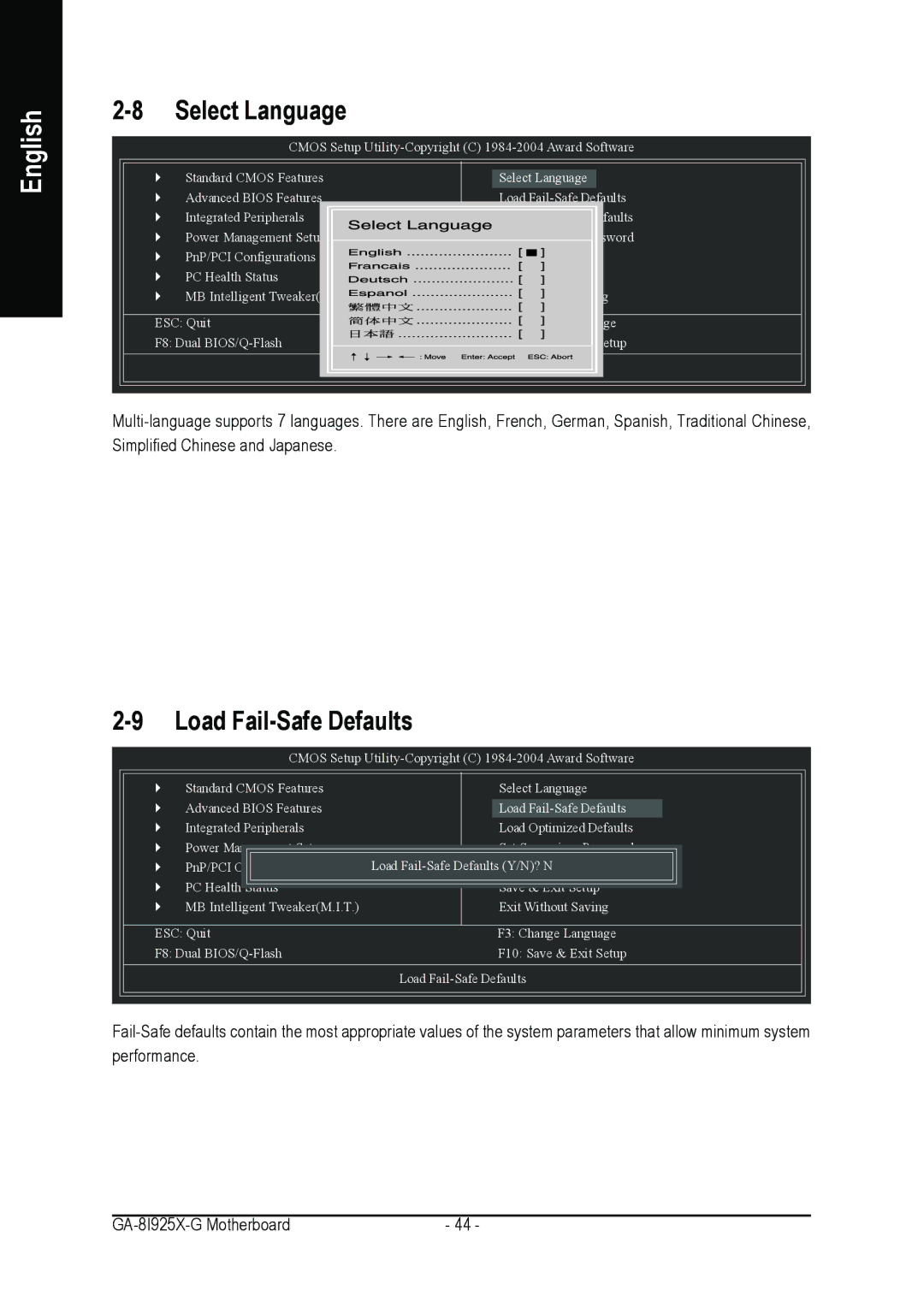 Gigabyte GA-8I925X-G user manual Select Language, Load Fail-Safe Defaults 