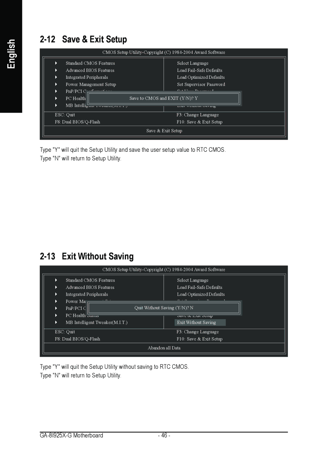 Gigabyte GA-8I925X-G user manual Save & Exit Setup, Exit Without Saving 