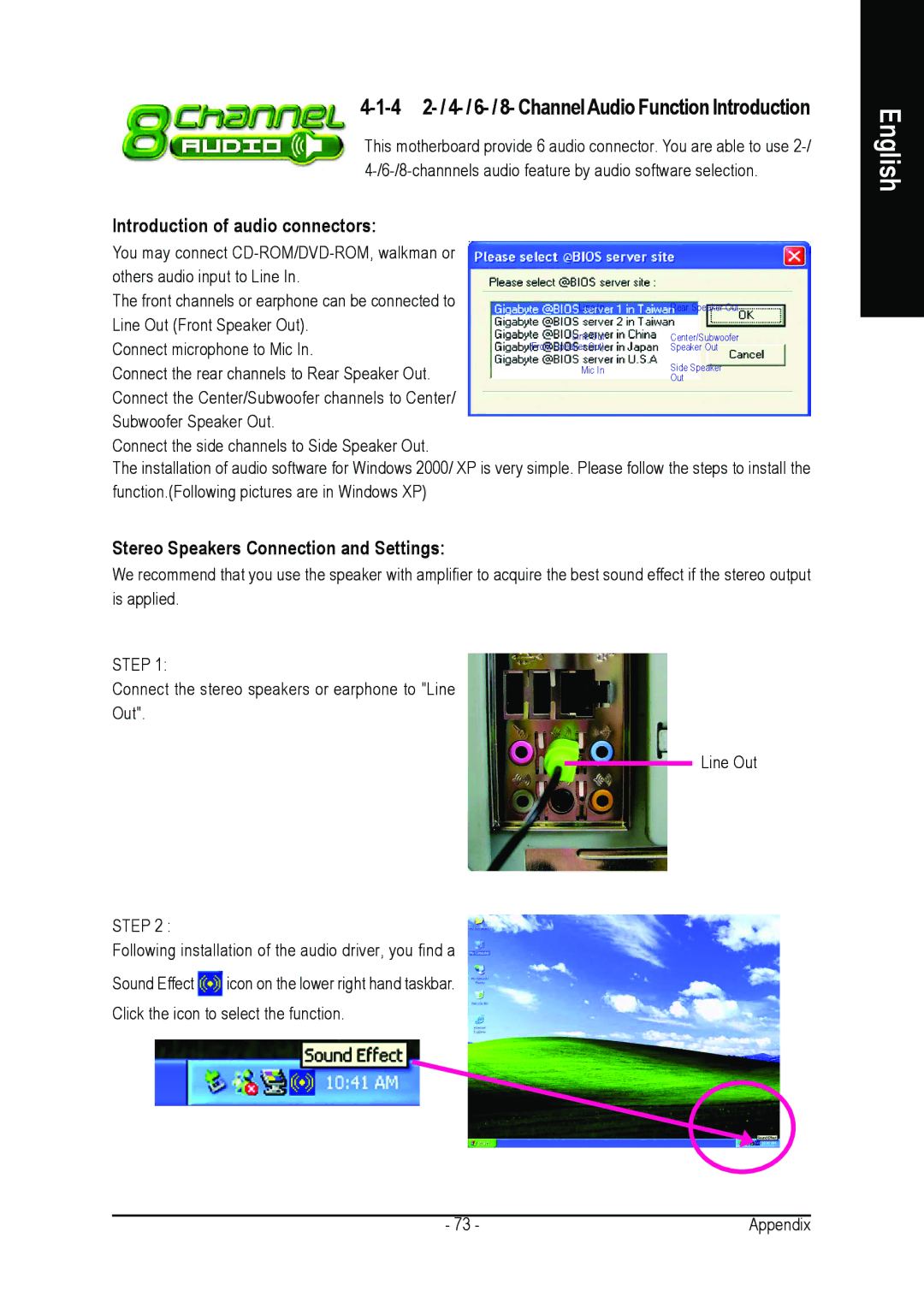 Gigabyte GA-8I925X-G user manual 4 2- / 4- / 6- / 8- Channel Audio Function Introduction, Introduction of audio connectors 