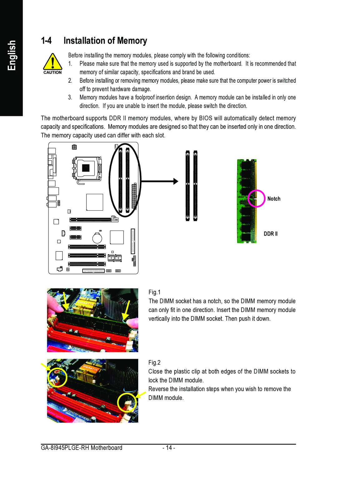 Gigabyte GA-8I945PLGE-RH user manual Installation of Memory 