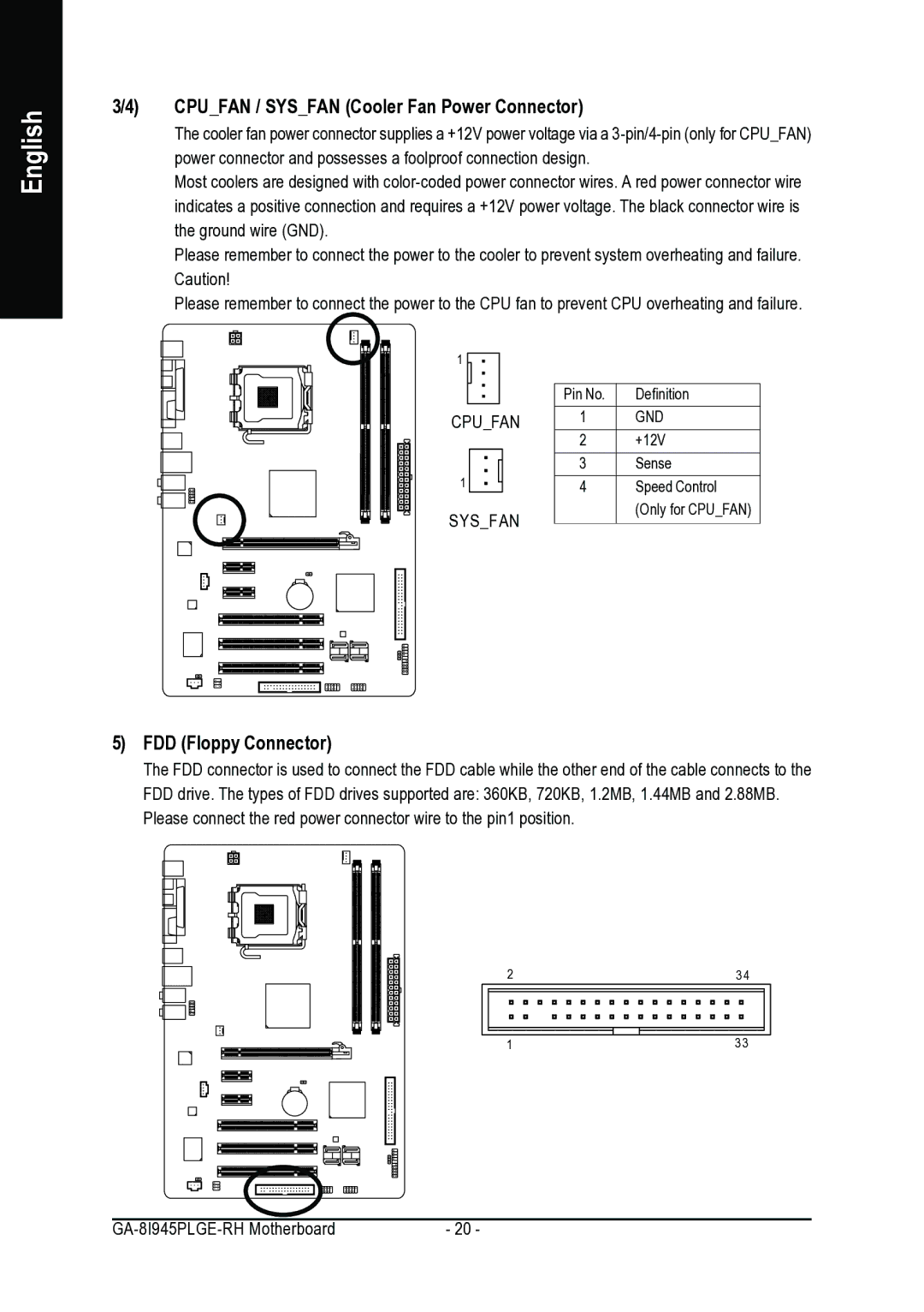 Gigabyte GA-8I945PLGE-RH user manual Cpufan / Sysfan Cooler Fan Power Connector, FDD Floppy Connector 